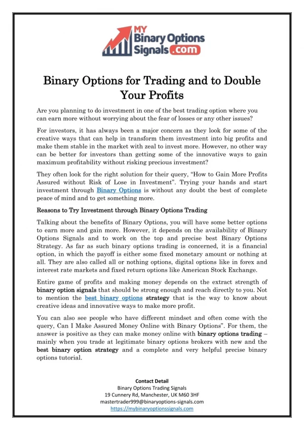Binary Options for Trading and to Double Your Profits