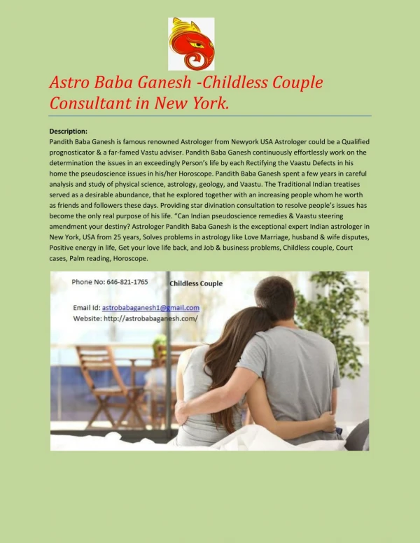 Astro Baba Ganesh -Childless Couple Consultant in New York.