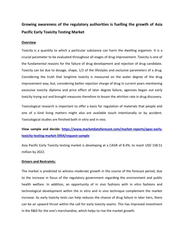 Asia Pacific Early Toxicity Testing Market is growing at a CAGR of 8.4%, to reach USD 158.51 million by 2022.
