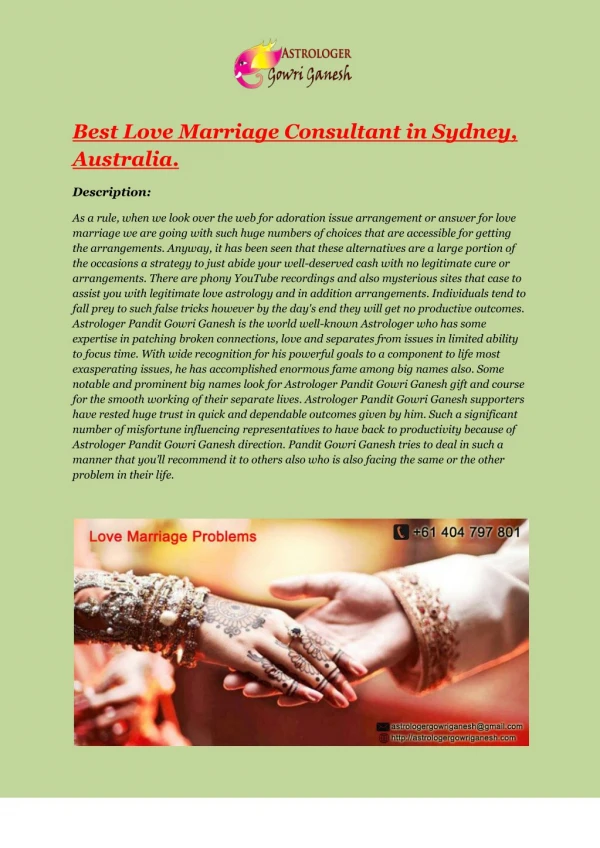 Astrologer Gowri Ganesh - Best Love Marriage Consultant in Sydney, Australia.