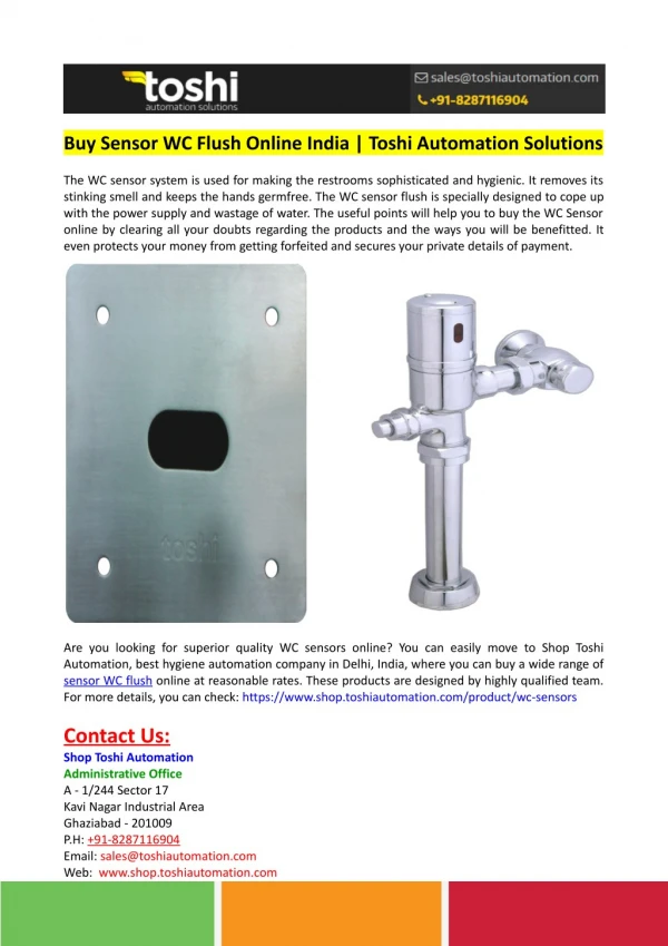 Buy WC Sensor Flush Online India-Toshi Automation Solutions