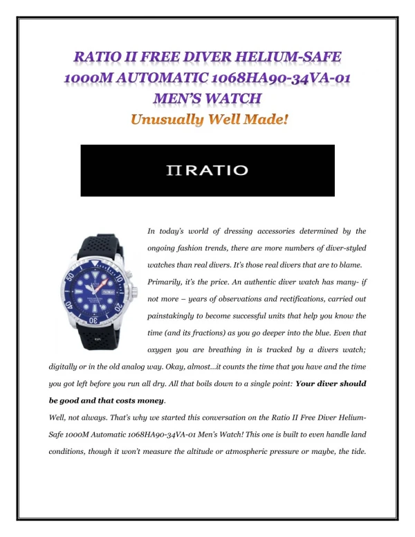 RATIO II FREE DIVER HELIUM-SAFE 1000M AUTOMATIC 1068HA90-34VA-01 MEN’S WATCH
