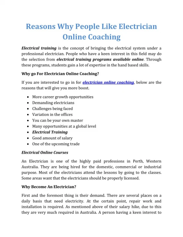 Reasons Why People Like Electrician Online Coaching
