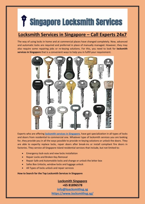Locksmith Services in Singapore – Call Experts 24x7