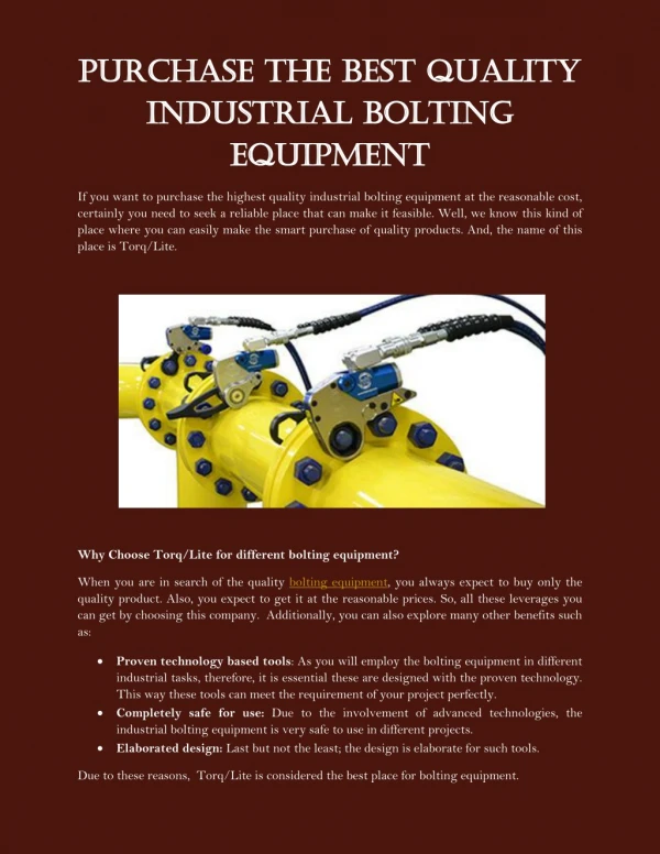 Purchase The Best Quality Industrial Bolting Equipment