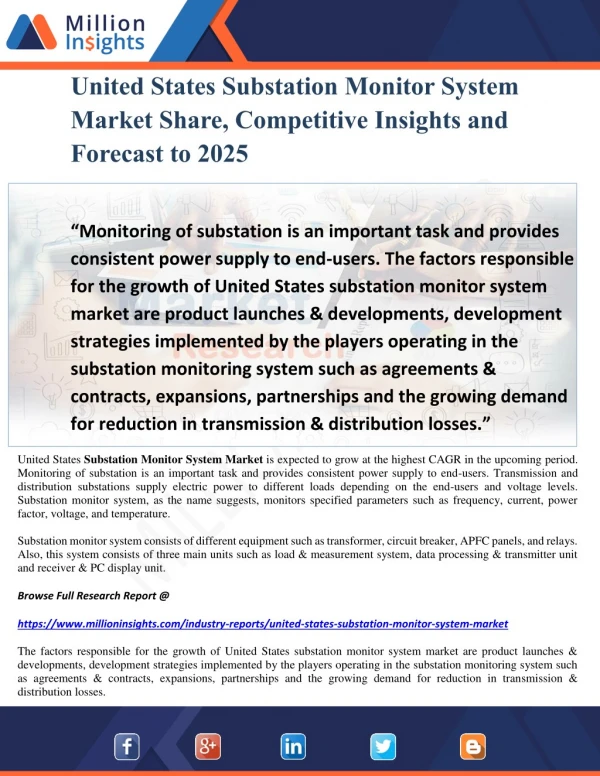 United States Substation Monitor System Market Share, Competitive Insights and Forecast to 2025