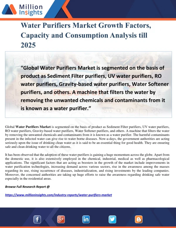 Water Purifiers Market Growth Factors, Capacity and Consumption Analysis till 2025