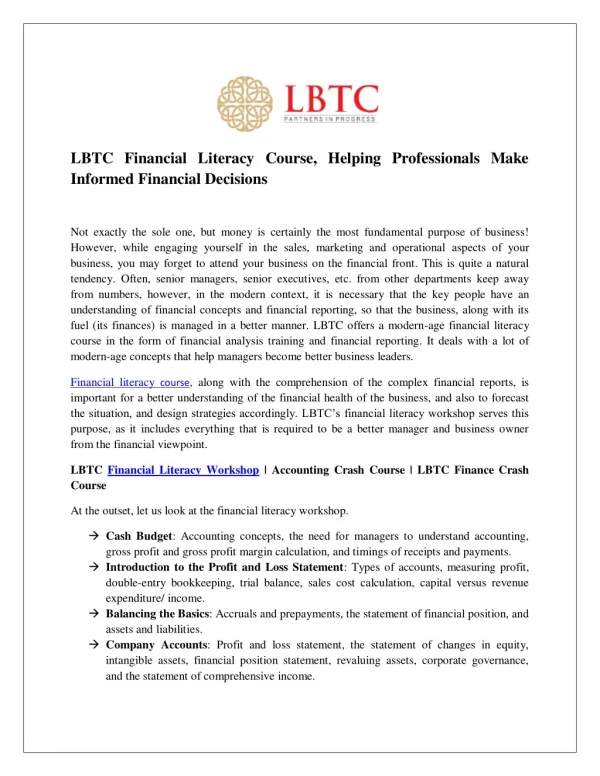 LBTC Financial Literacy Course, Helping Professionals Make Informed Financial Decisions