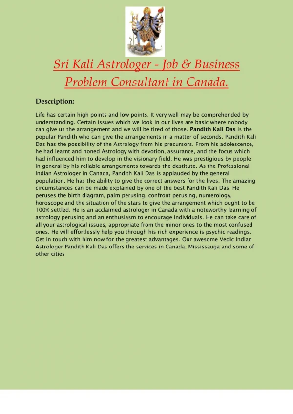 Sri Kali Astrologer - Job & Business Problem Consultant in Canada.
