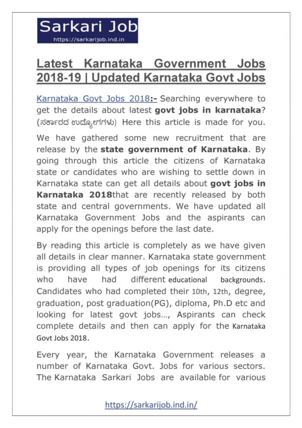 Latest Karnataka Government Jobs 2018-19 | Updated Karnataka Govt Jobs