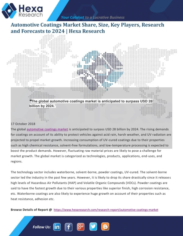 Automotive Coatings Market Trends, Statistics, Segments, Graphs Growth Factors Forecast to 2024