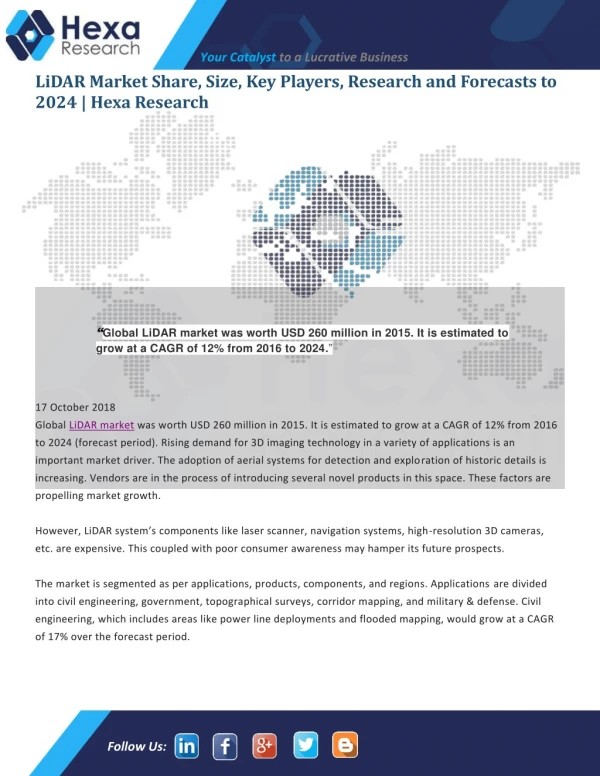 LiDAR Market Segmentation, Application, Technology & Market Analysis Research Report 2024
