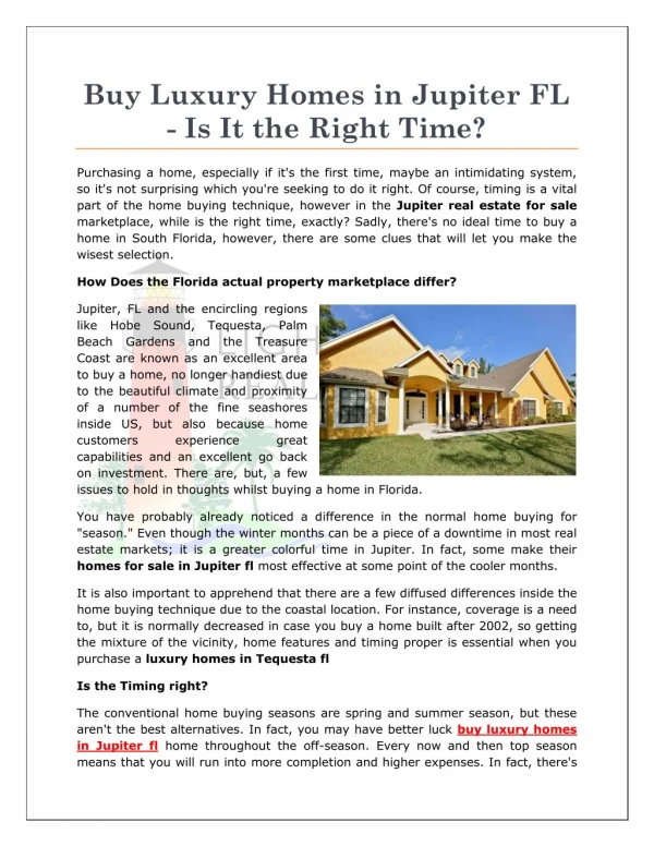 Buy Luxury Homes in Jupiter FL - Is It the Right Time?