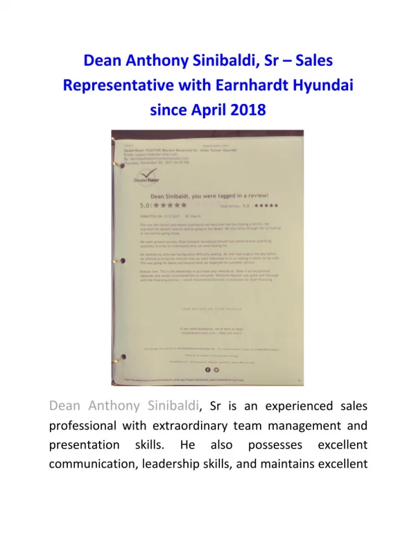 Dean Anthony Sinibaldi, Sr – Sales Representative with Earnhardt Hyundai since April 2018