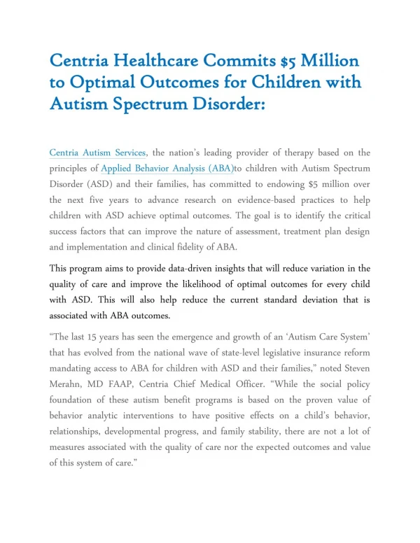 Centria Healthcare Commits $5 Million to Optimal Outcomes for Children with Autism Spectrum Disorder