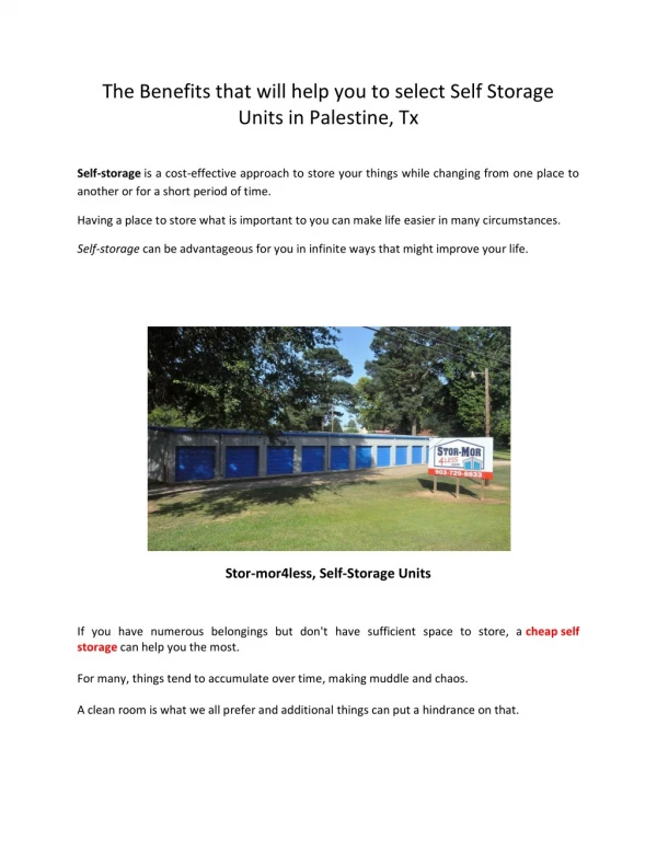 The Benefits that will help you to select Self Storage Units in Palestine, Tx