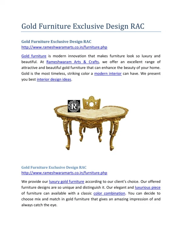 Gold Furniture Exclusive Design RAC