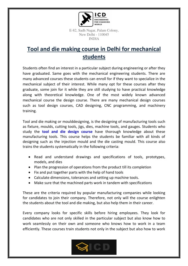 Tool and die making course in Delhi for mechanical students