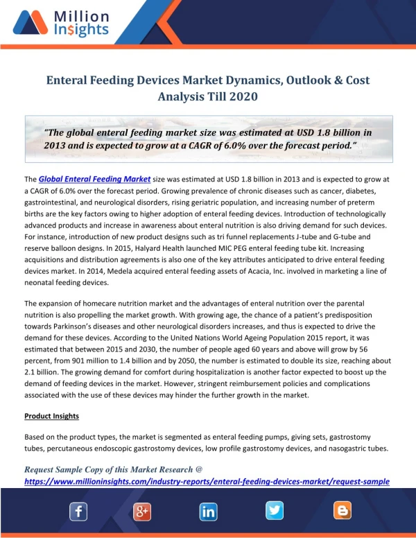 Enteral Feeding Devices Market Dynamics, Outlook & Cost Analysis Till 2020