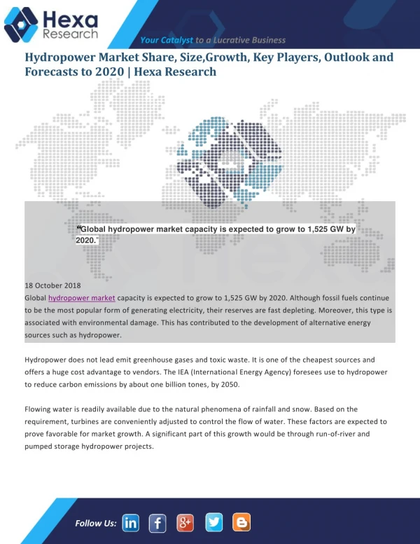 Hydropower Market Growth Opportunities, Key Driving Factors, Market Scenario and Forecast Report to 2020