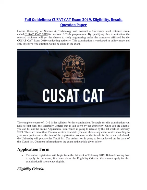 Full Guidelines: CUSAT CAT Exam 2019, Eligibility, Result, Question Paper