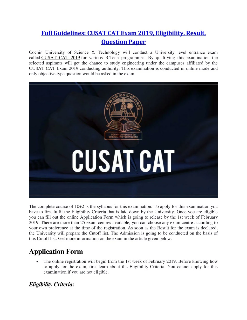 full guidelines cusat cat exam 2019 eligibility