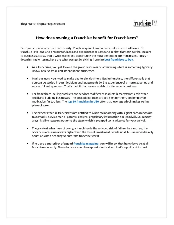 How does owning a Franchise benefit for Franchisees?