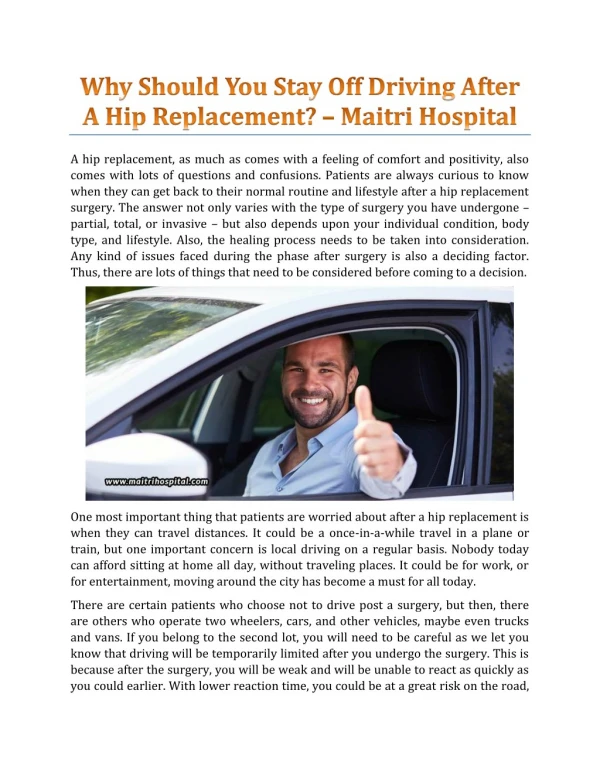 Why Should You Stay Off Driving After A Hip Replacement? - Maitri Hospital
