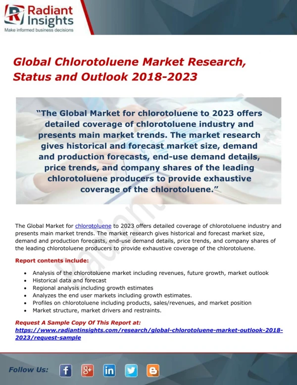 Global Chlorotoluene Market Research, Status and Outlook 2018-2023