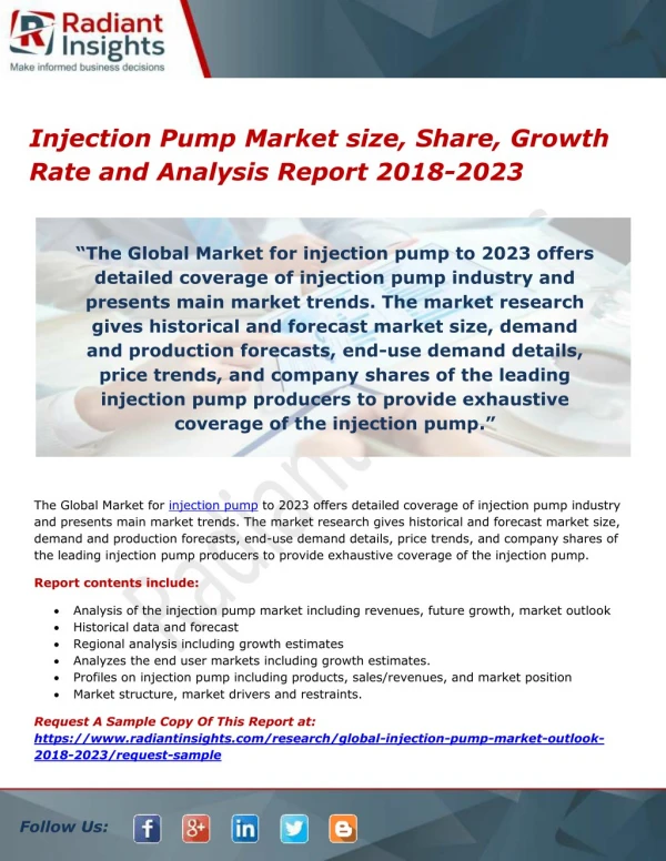 Injection Pump Market size, Share, Growth Rate and Analysis Report 2018-2023
