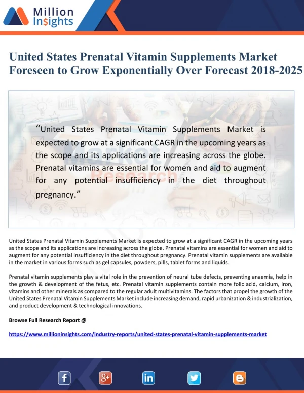 United States Prenatal Vitamin Supplements Market Foreseen to Grow Exponentially Over Forecast 2018-2025