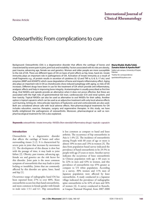 Osteoarthritis: From complications to cure