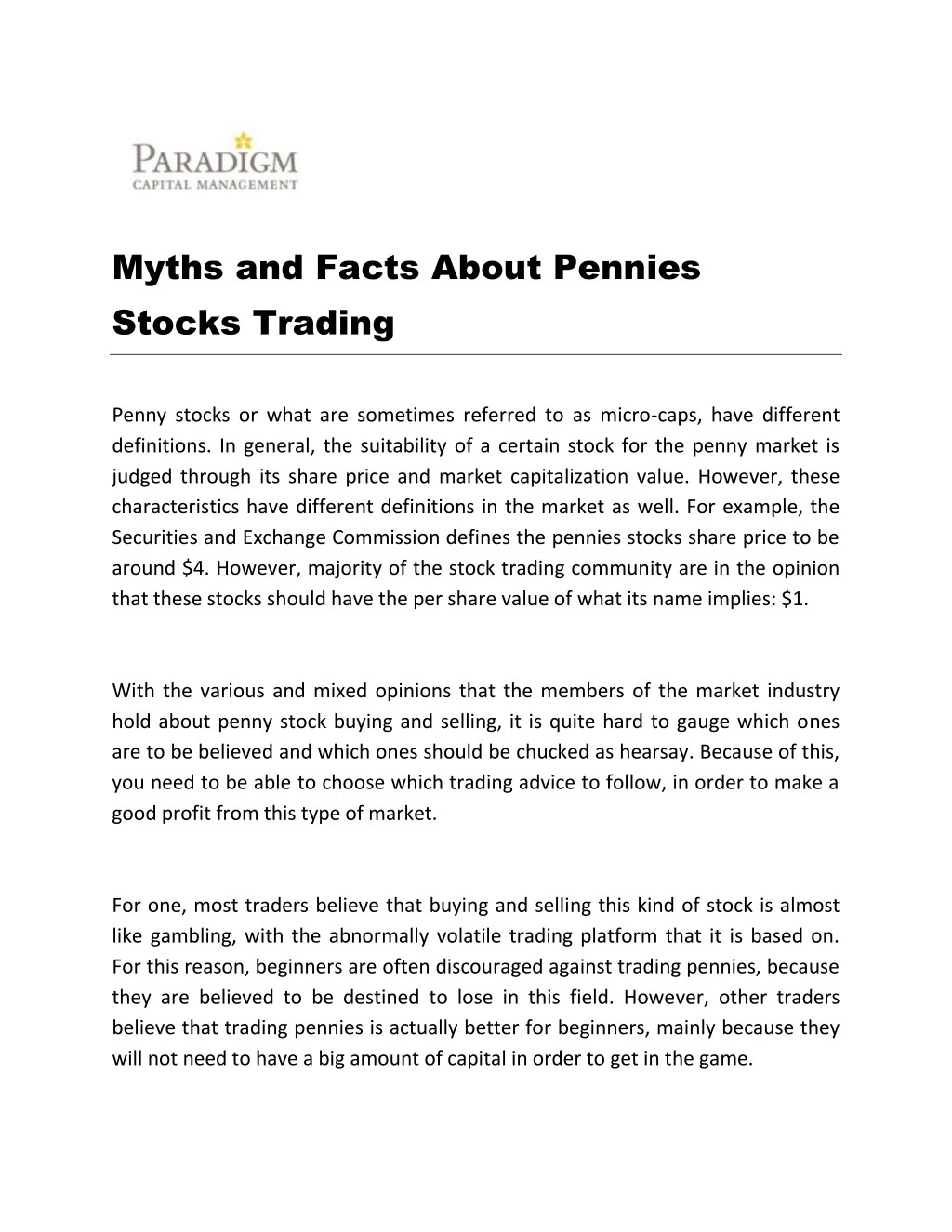 myths and facts about pennies stocks trading