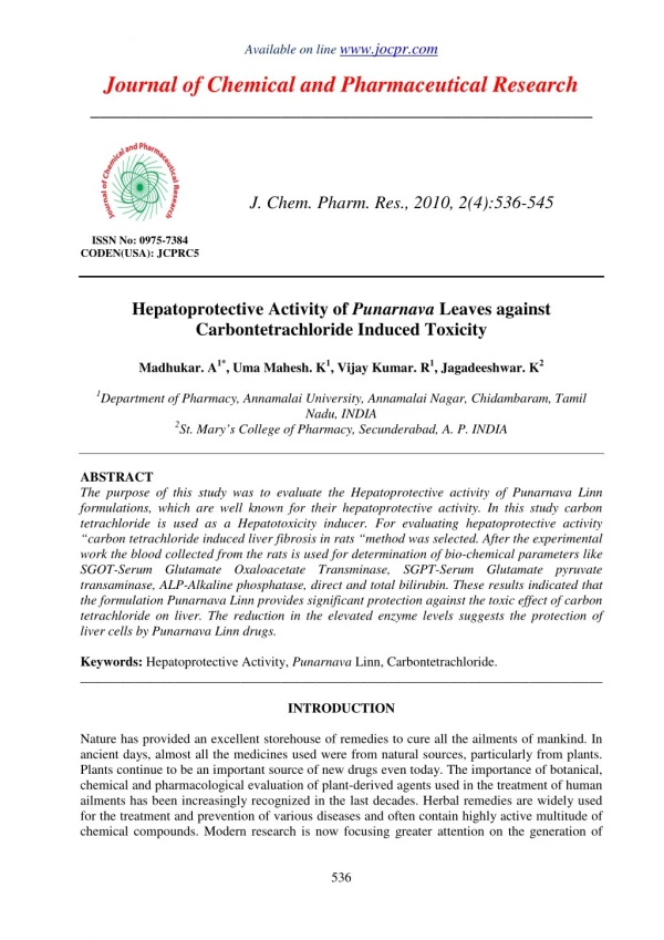 Hepatoprotective Activity of Punarnava Leaves against Carbontetrachloride Induced Toxicity
