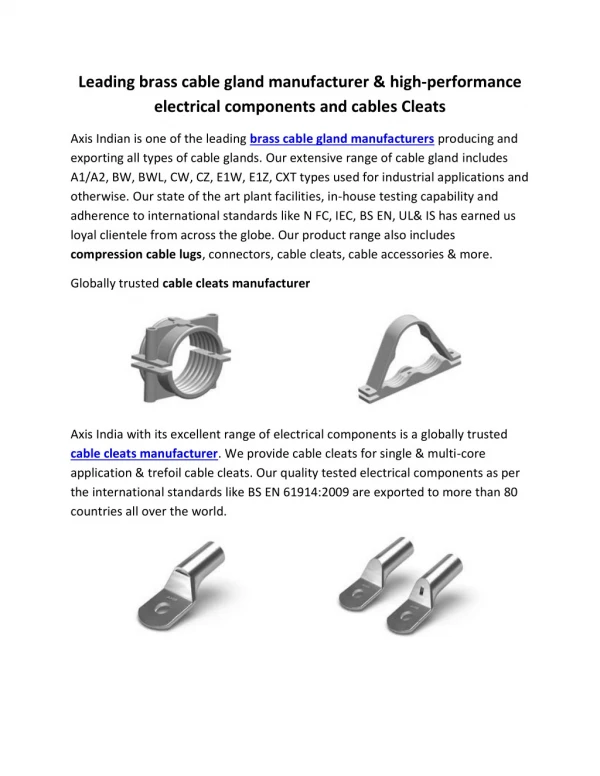 Leading brass cable gland manufacturer & high-performance electrical components and cables Cleats