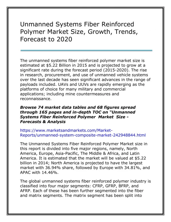 Unmanned Systems Fiber Reinforced Polymer Market Size, Growth, Trends, Forecast to 2020