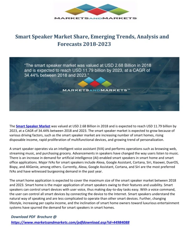 Smart Speaker Market Share, Emerging Trends, Analysis and Forecasts 2018-2023