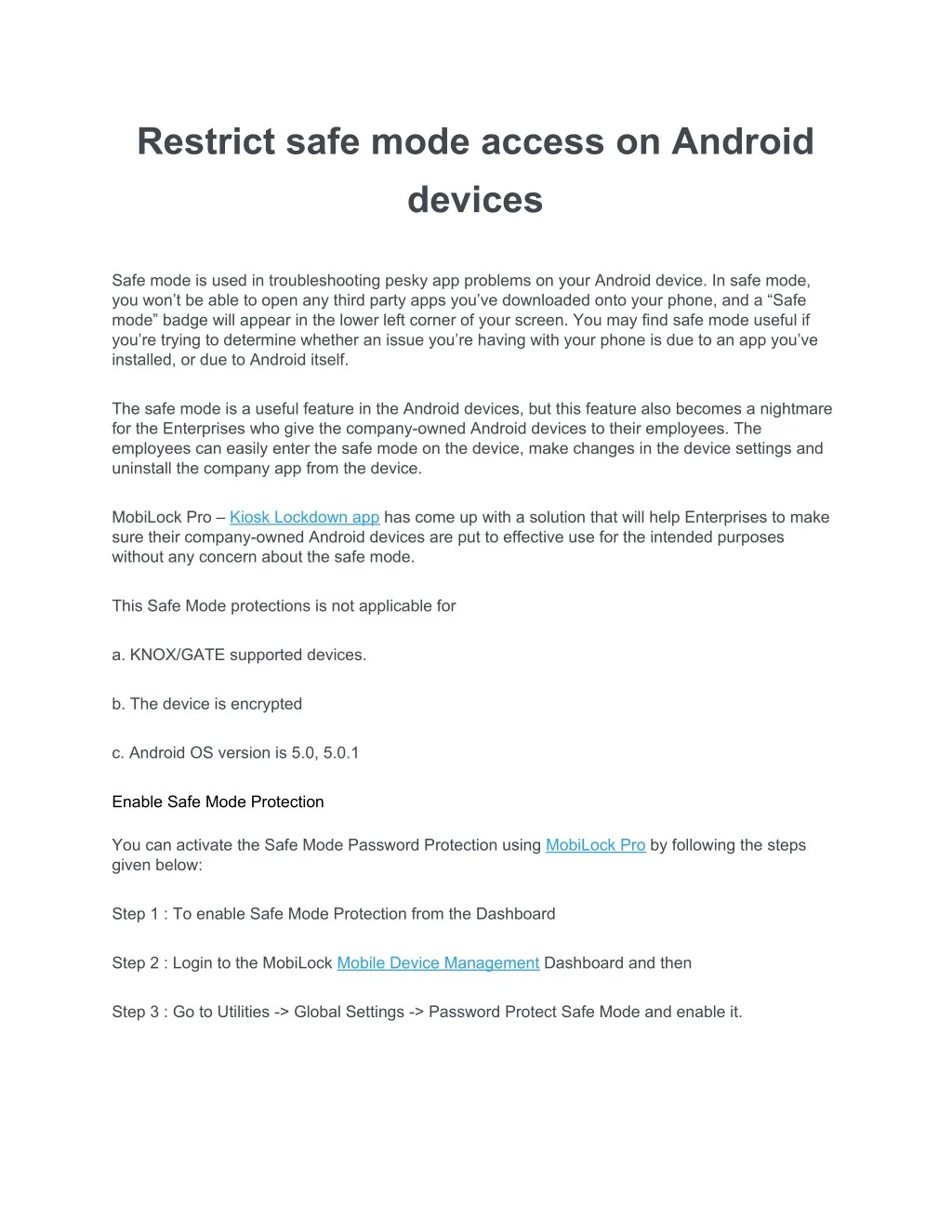 restrict safe mode access on android devices