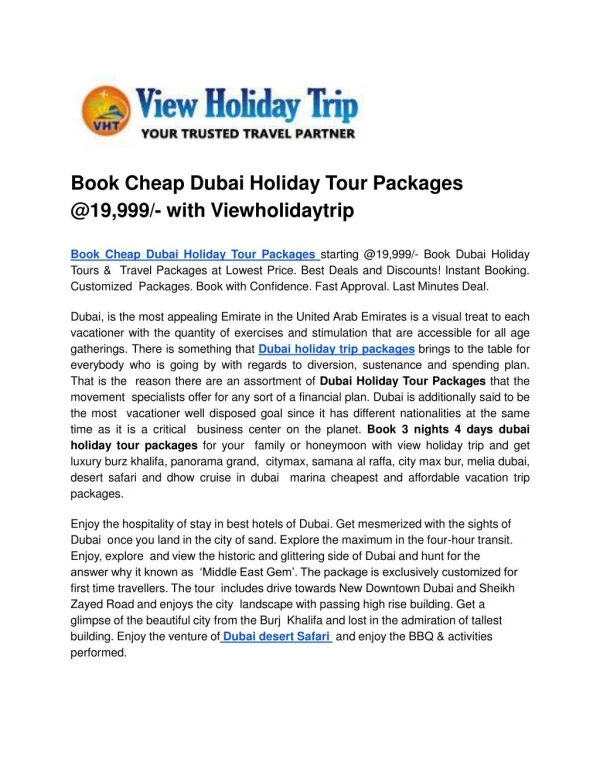 Book Cheap Dubai Holiday Tour Packages @19,999% with Viewholidaytrip