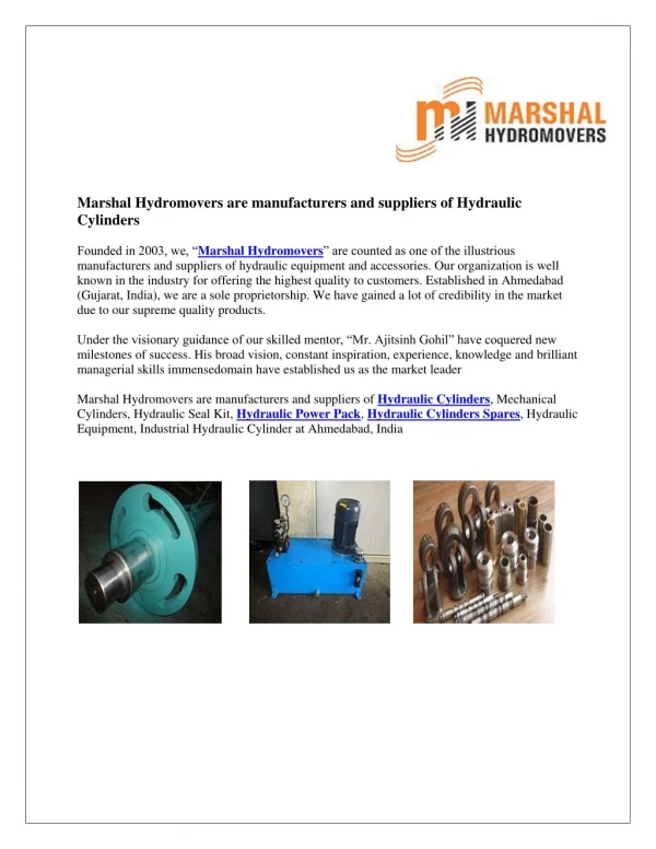 Marshal Hydromovers are manufacturers and suppliers of Hydraulic Cylinders