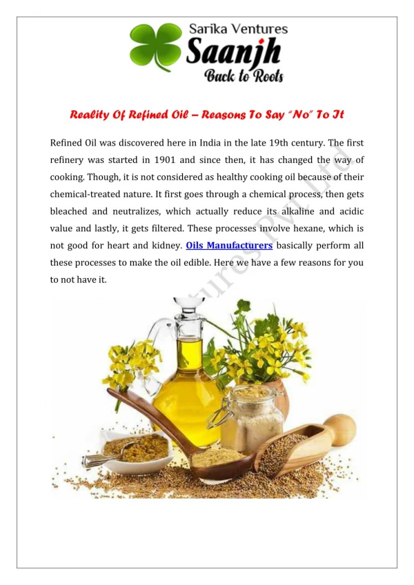 Reality Of Refined Oil – Reasons To Say “No” To It