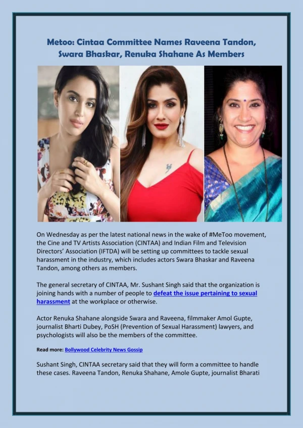MeToo: CINTAA Committee Names Raveena Tandon, Swara Bhaskar, Renuka Shahane As Members