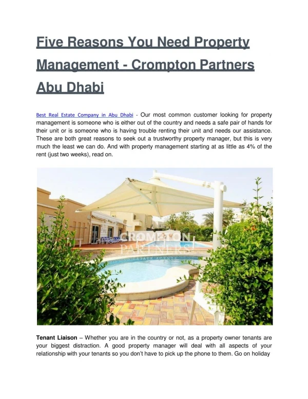 Five Reasons You Need Property Management - Apartment for rent in Abu Dhabi - Crompton Partners Abu Dhabi