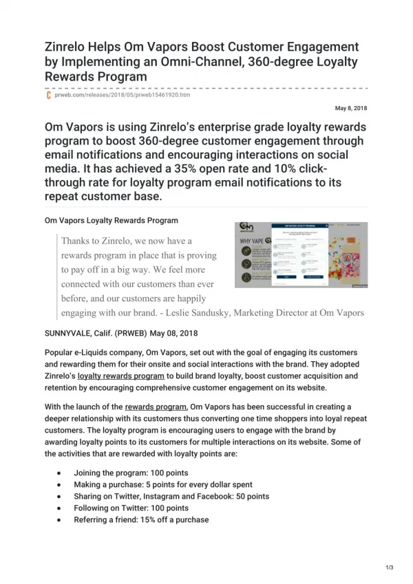 Zinrelo Helps Om Vapors Boost Customer Engagement by Implementing an Omni-Channel, 360-degree Loyalty Rewards Program