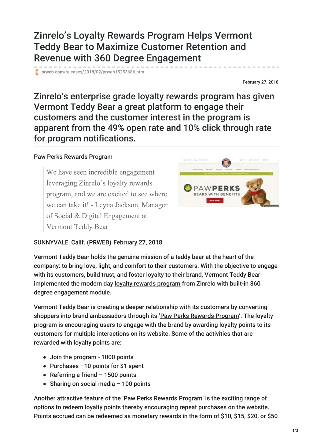 zinrelo s loyalty rewards program helps vermont