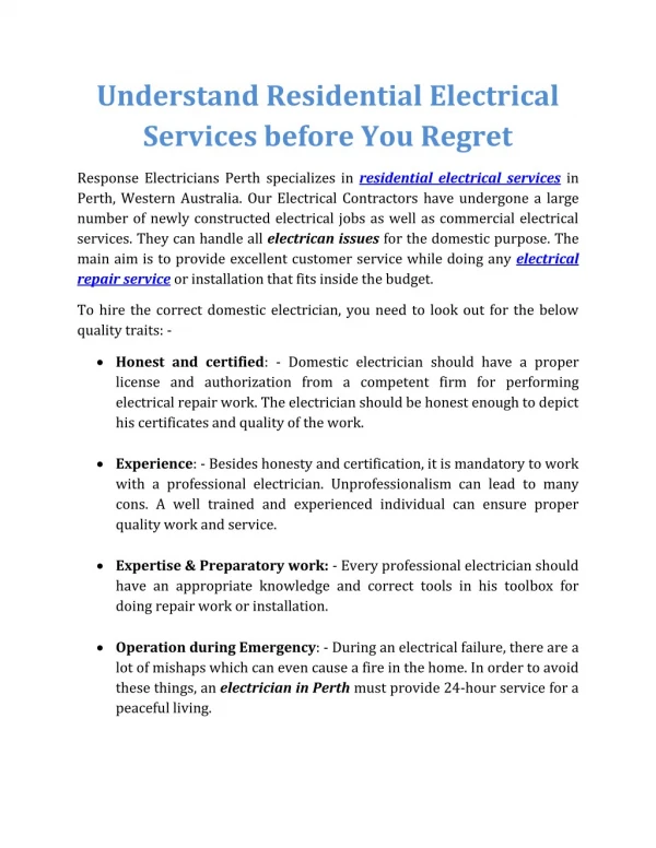 Understand Residential Electrical Services before You Regret