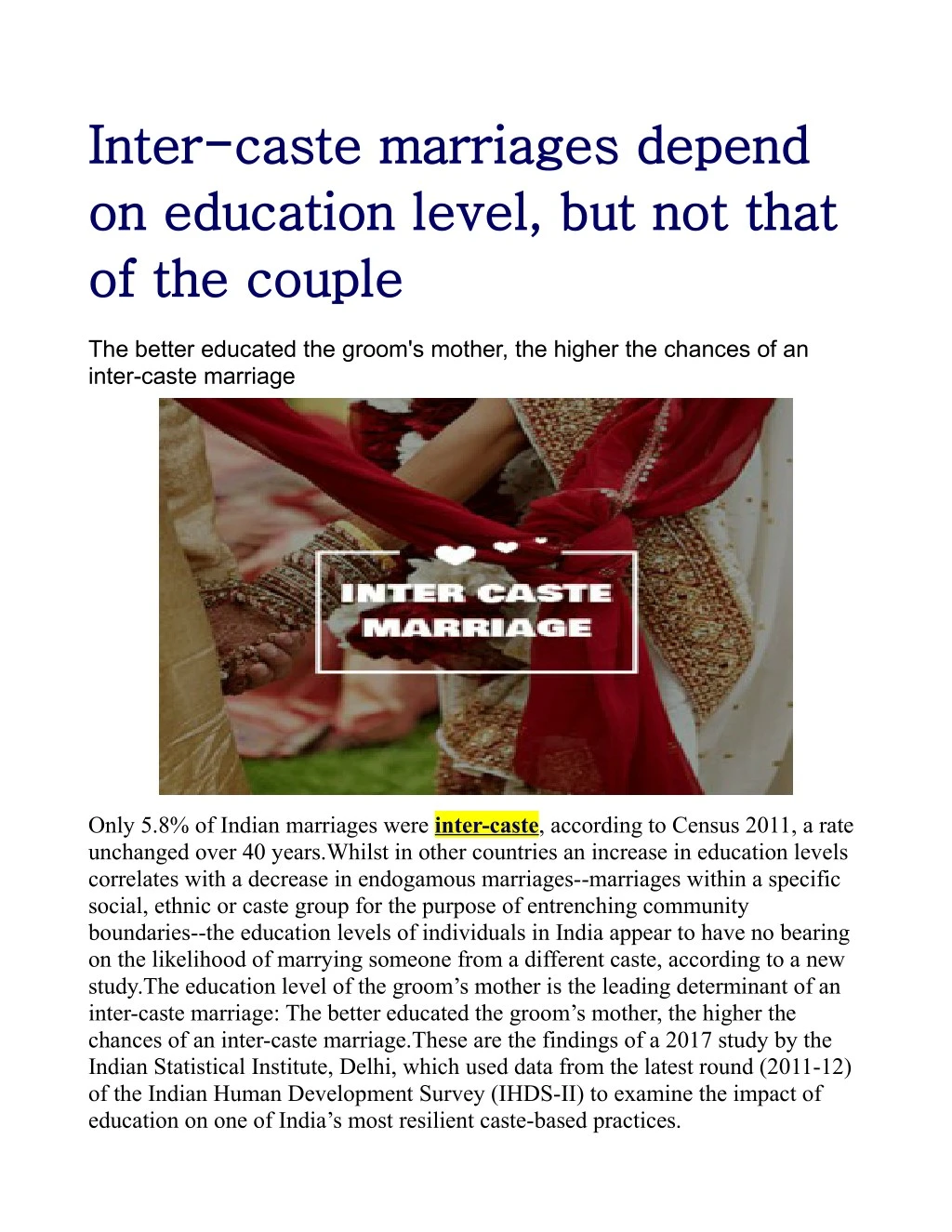 inter caste marriages depend inter caste