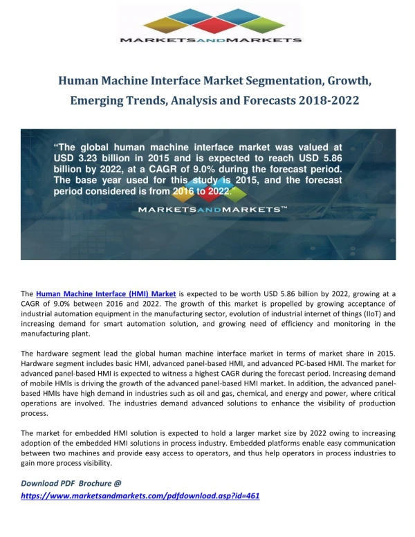 Human Machine Interface Market Segmentation, Overview, Emerging Trends, Analysis and Forecasts 2018-2022