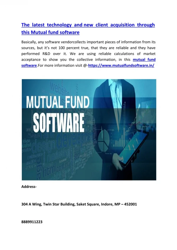 The latest technology and new client acquisition through this Mutual fund software