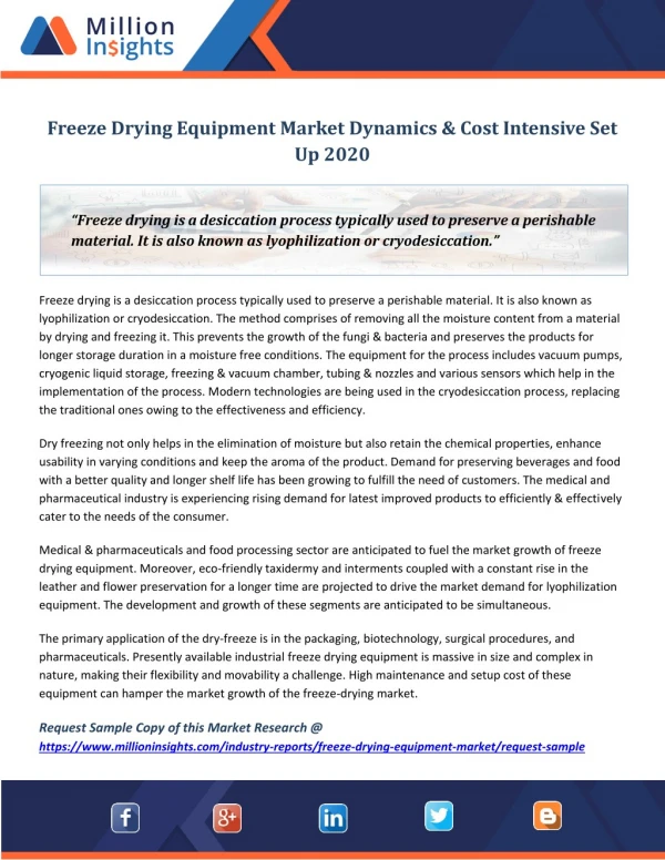 Freeze Drying Equipment Market Dynamics & Cost Intensive Set Up 2020